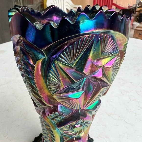 Vintage Blue Purple Carnival Glass Vase